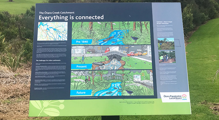 Ōtara Creek Reserve - Signage explaining the Ōtara Creek Catchment project.
