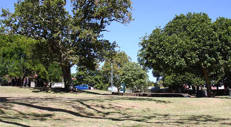 Outhwaite Park - The hall hidden by large mature trees.