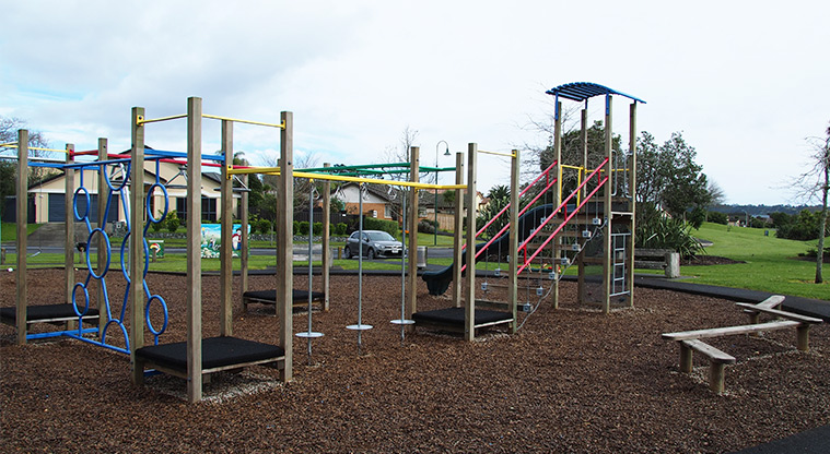 Paremuka Lakeside - Playground with climbing equipment, wobbly bridge, slide and balance beams. Photo credit: Tracey Hodder.