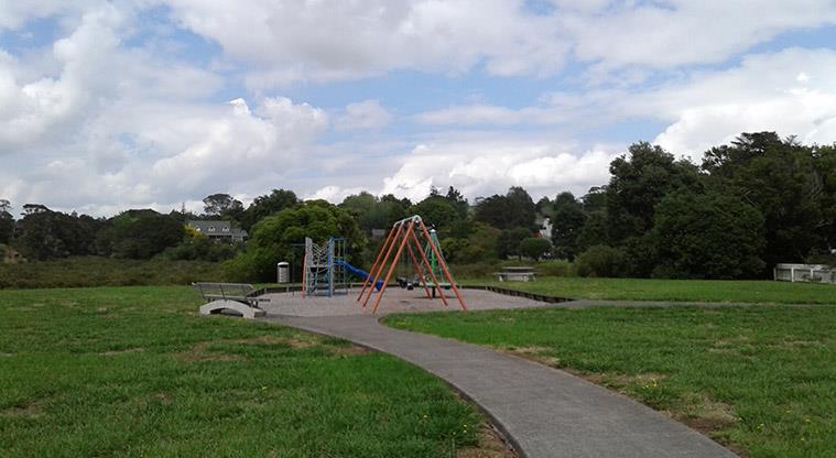 Pōhutukawa Park - Playground surrounded by open green space and trees.