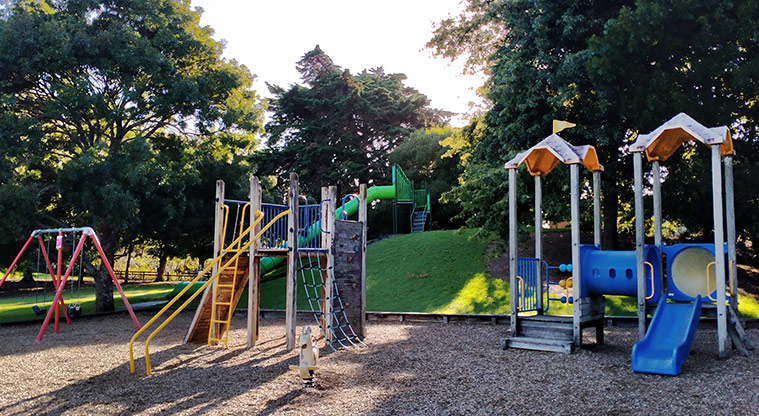 Prince Regent Drive - Set of swings, climbing frame and ladders, junior play module and a slide in the background. Photo credit: S Hulse.