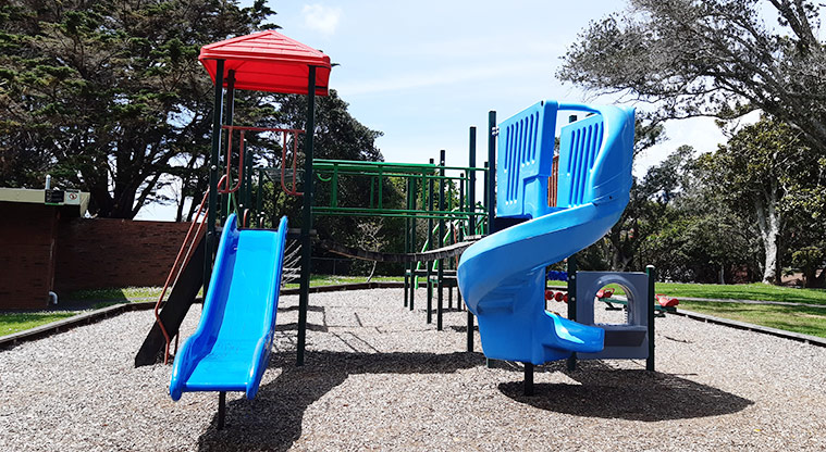 Pt Erin Park - Two bright blue slides - one straight and one that loops. Photo credit: T Hodder.