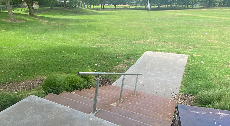 Otaawhati / Ray Small Park - Steps leading down from the skate park to the sports fields. Photo credit: J Farnworth.