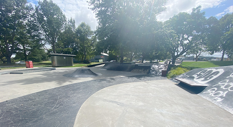 Otaawhati / Ray Small Park - Section of the skate park with the toilets and trees in the background. Photo credit: J Farnworth.