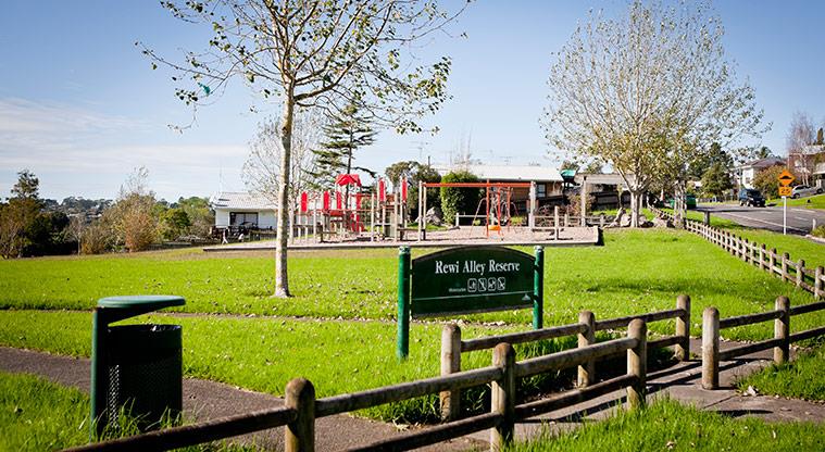 Rewi Alley Reserve - Entrance to the reserve with the playground in the background.