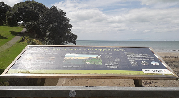 Rothesay Bay Beach Reserve - Sign at the northern end of the beach explaining what happens at the stream.