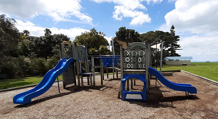 Rothesay Bay Beach Reserve - Playground with two bright blue slides, ramps, climbing equipment and more.