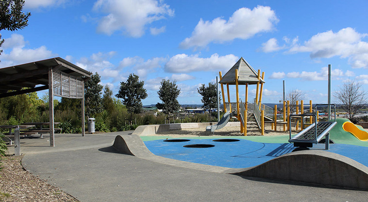Royal Reserve - Section of the junior play area, "learn to ride" track, and covered picnic shelter.