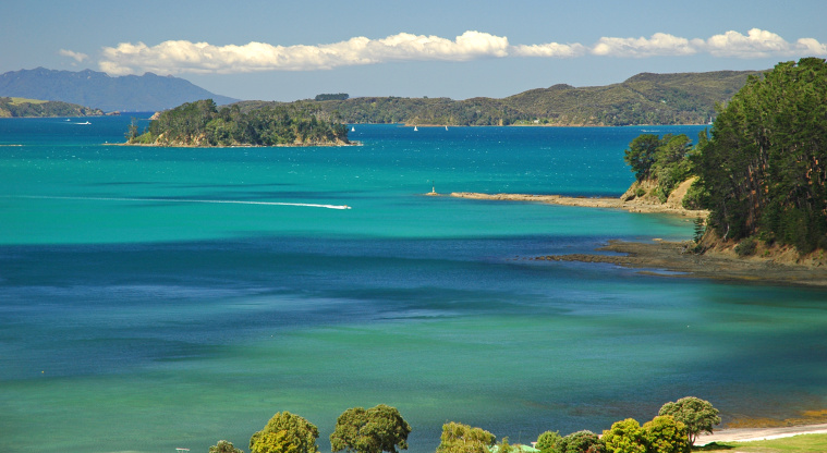 Scandrett Regional Park - View of Takangaroa, Kawau, and Little Barrier Islands from the beach.