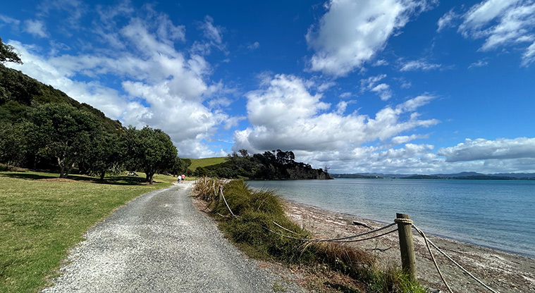 Scandrett Regional Park - Looking west towards the baches with trees on the left and the beach on the right. Photo credit: S Hulse.