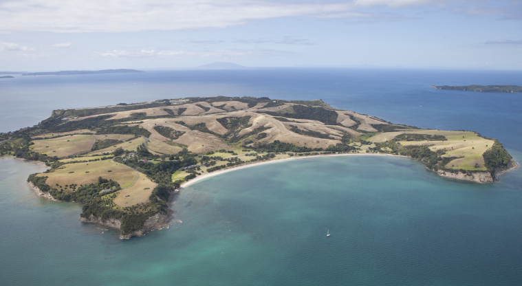 Shakespear Regional Park - Aerial view looking towards Tiritiri Matangi (right), Kawau (left) and Little Barrier Island (centre) Islands