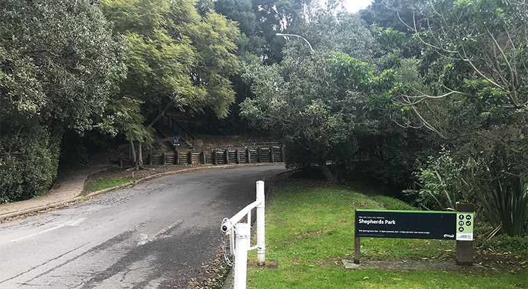 Shepherds Park – Entrance to the park showing signage and the security gate.
