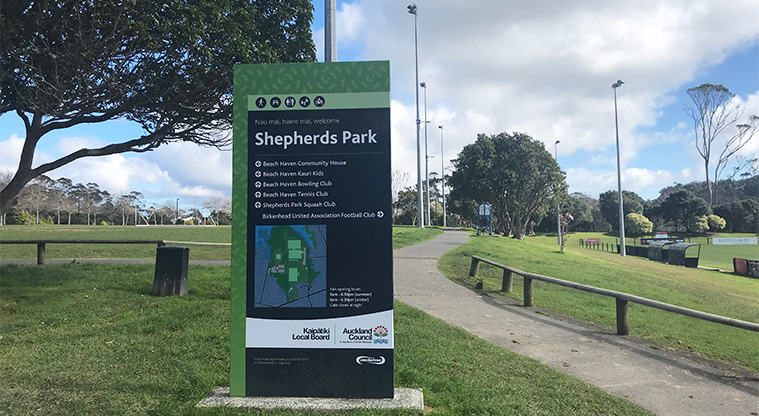 Shepherds Park – Signage showing map of the park and the location of the community buildings.