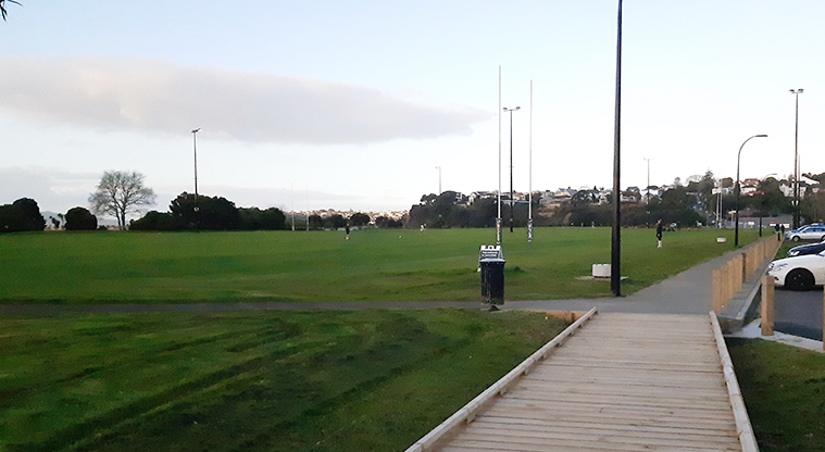 Shore Road Reserve - Section of the sports fields with lighting and goal posts, and part of the boardwalk and footpath.