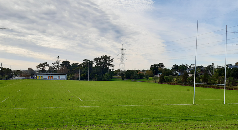 Tiakina / Sister Rene Shadbolt Park - One of the sports fields with toilets and changing rooms in the background.