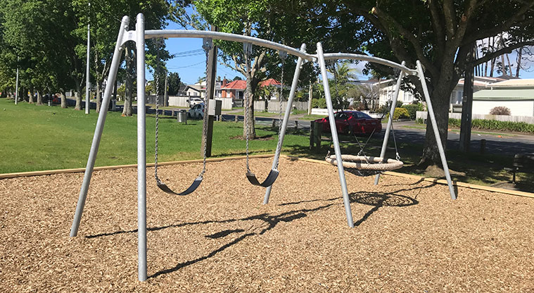 Sister Rene Shadbolt Park - Climbing equipment with a set of swings and the road in the background.