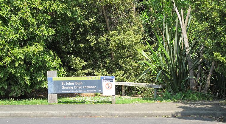 St Johns Bush - Sign at one of the Gowing Drive entrance to the reserve.