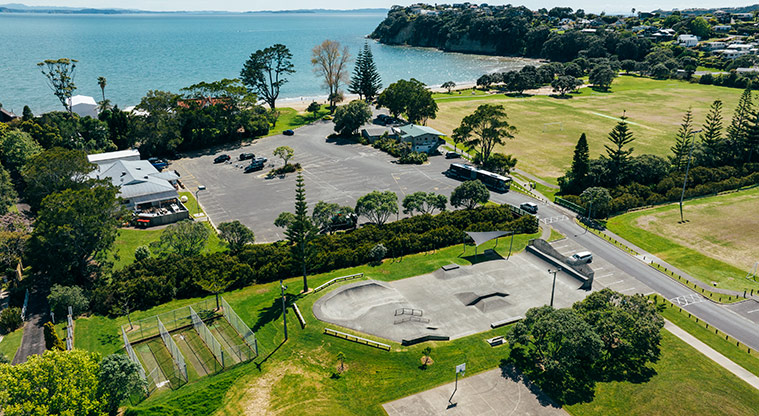 Stanmore Bay Park - Aerial view of the whole park with Stanmore Bay Beach in the background. Photo credit: J Farnworth.