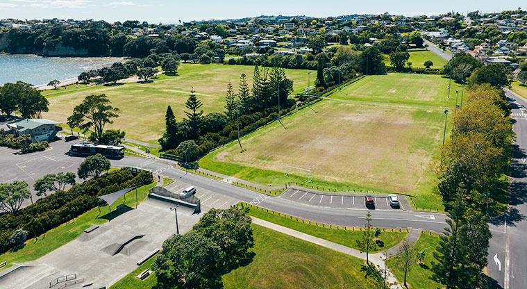 Stanmore Bay Park - Aerial view of the park with the skate park and car park in the foreground, and the sports fields in the background.. Photo credit: J Farnworth.
