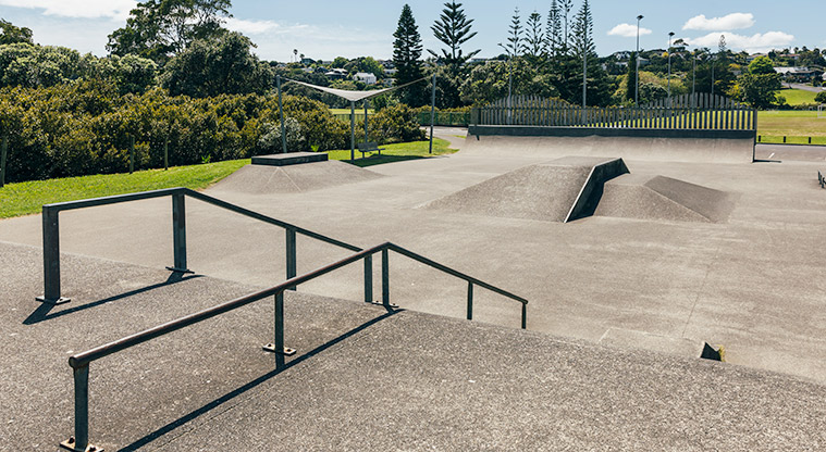 Stanmore Bay Park - Section of the skate park with grind rails, ramps, benches, half-pipe and more. Photo credit: J Farnworth.