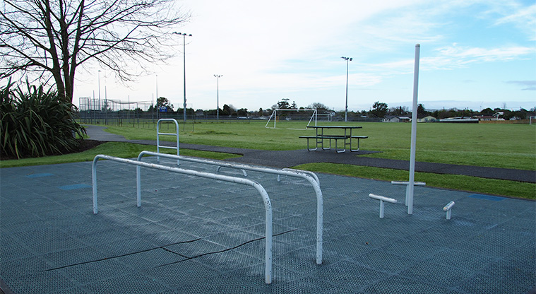 Starling Park - Fitness equipment with a picnic table and sports fields in the background. Photo credit: Tracey Hodder.