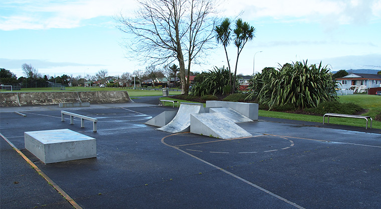 Starling Park - Section of the skate park with ramps and beams to slide along. Photo credit: Tracey Hodder.