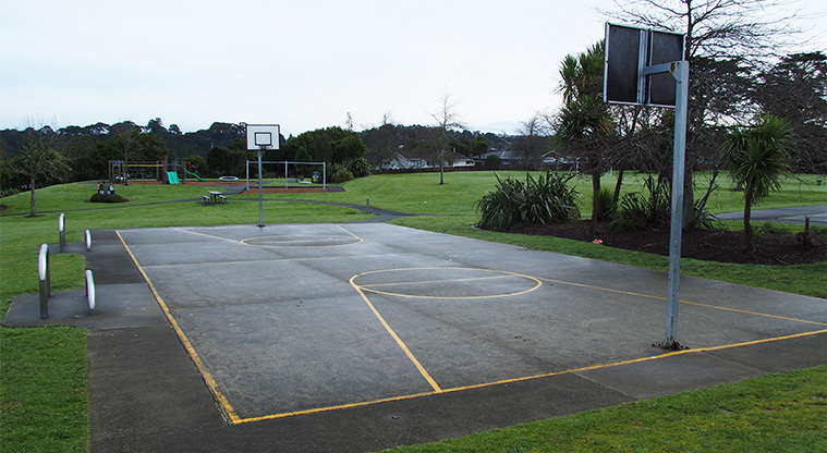 Starling Park - Basketball court and hoops with the playground, trees and open space in the background. Photo credit: Tracey Hodder.