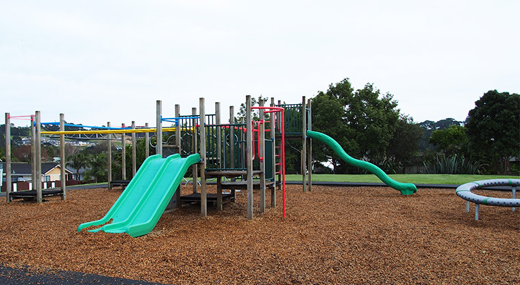 Starling Park - Playground with climbing rings, swing seats, round monkey bars, climbing wall, ring toy and slides. Photo credit: Tracey Hodder.