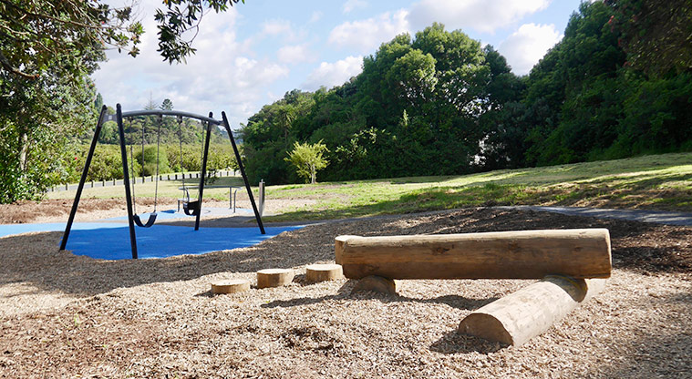 Taipari Strand - Large balance poles with a set of two swings in the background.