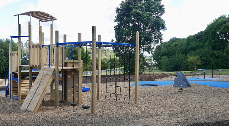 Taipari Strand - Timber play module with climbing equipment, steps, pole and platform, with the shark rocker, in-ground trampoline and carousel in the background.