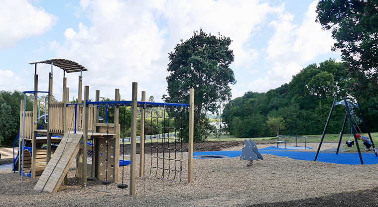 Taipari Strand - Wooden play module, shark rocker toy, carousel, in-ground trampoline and swings with open space and trees in the background.