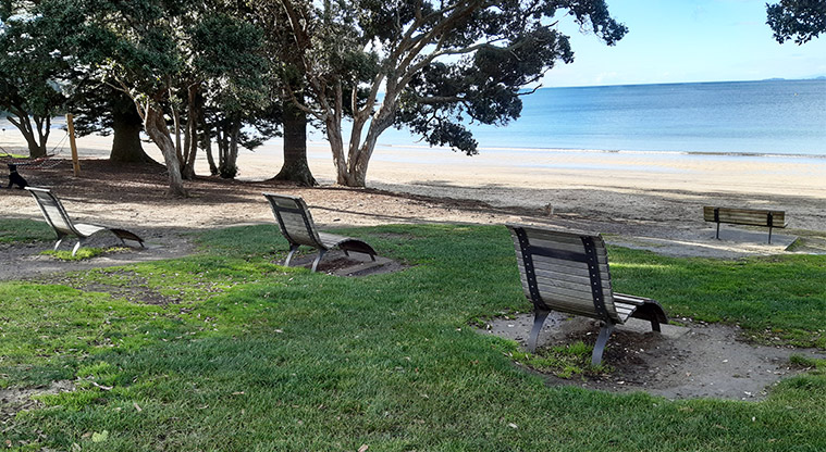 Takapuna Beach Reserve - Loungers looking out to sea.