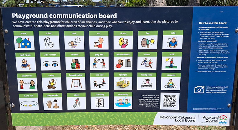 Takapuna Beach Reserve - Communication board with a wide range of words and pictures, and instructions on how to use it.