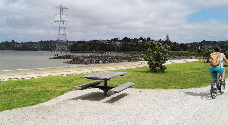 Taumanu Reserve - picnic table and cyclist riding along the Onehunga foreshore path.