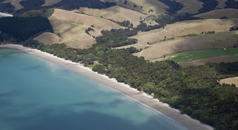 Tawhitokino Regional Park - Aerial view showing the two small streams cutting into the beach.
