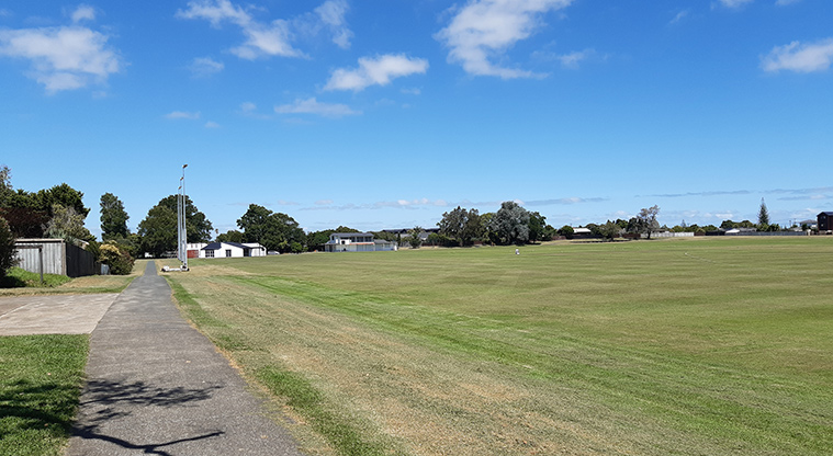 Te Atatū Peninsula Park - Part of the sports field with the path down the left.