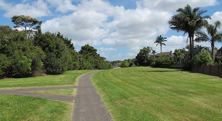 The Landing - Section of path through the reserve with grass and bush on both sides.