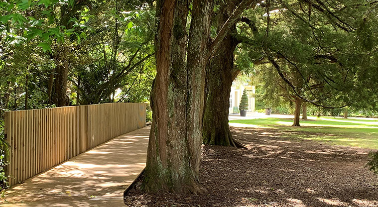 Tōtara Park - Section of the footpath between a fence and the trees.