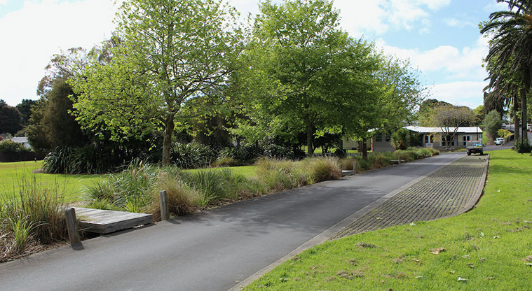Tūī Glen Reserve - Section of road within the reserve with cobbled parking area on the right, and open space with trees on the left.