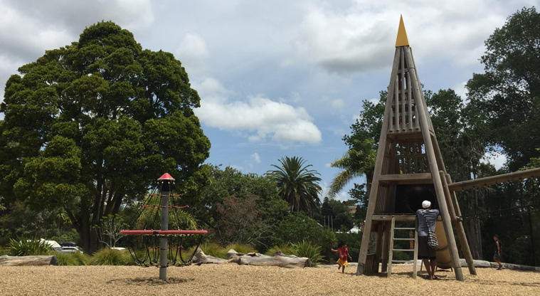 Tūī Glen Reserve - A pyramid tower with pipe slides stands alongside smaller climbing equipment. Photo credit: Tracey Hodder.