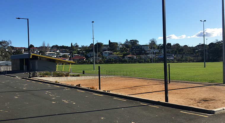 Valonia Reserve - Car park and volleyball court with the sports fields in the background. Photo credit: S Hulse.