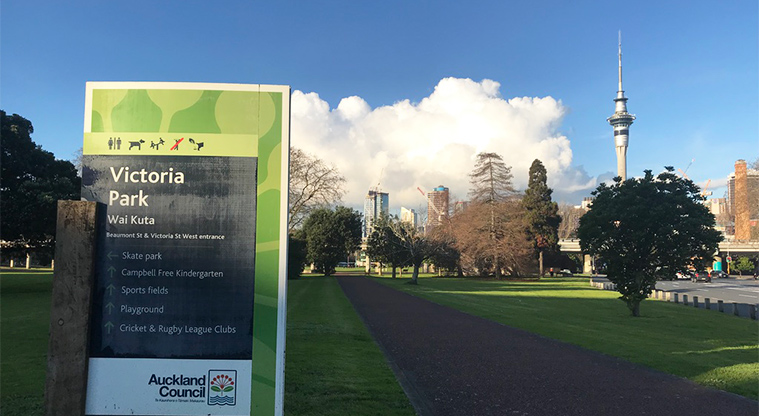 Victoria Park - Entrance sign at the corner of Beaumont and Victoria streets.