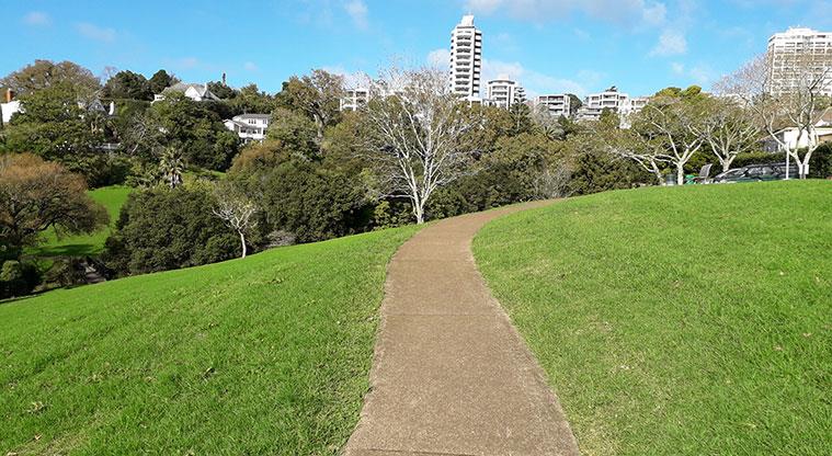 Waiata Reserve - Path leading through the reserve with trees and buildings in the background.