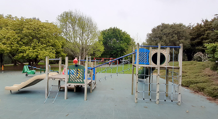 Waiatarua Reserve - Play structure with climbing equipment, platforms, tunnels, and slides, with the rest of the playground and trees in the background.