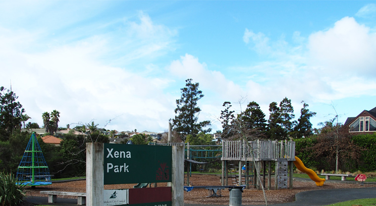 Xena Park - The entrance to Xena Park. In the background is the playground with a footpath circling around it. Photo credit: Tracey Hodder.