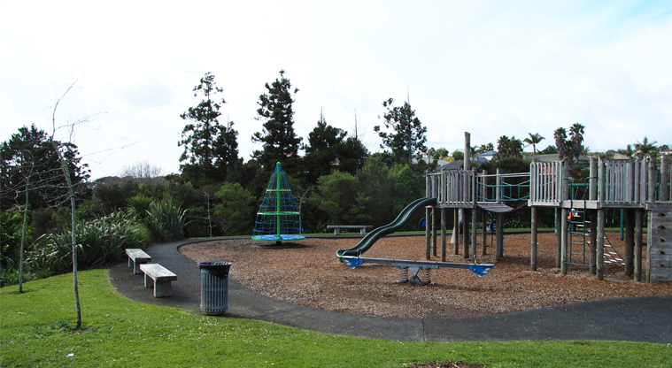 Xena Park - A path circles the playground with benches to one side. Photo credit: Tracey Hodder.