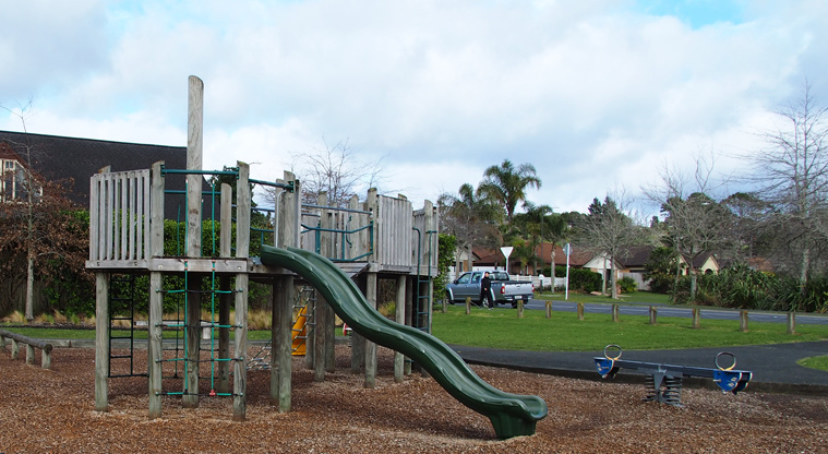 Xena Park - Slide, climbing equipment and a blue seesaw. Photo credit: Tracey Hodder.