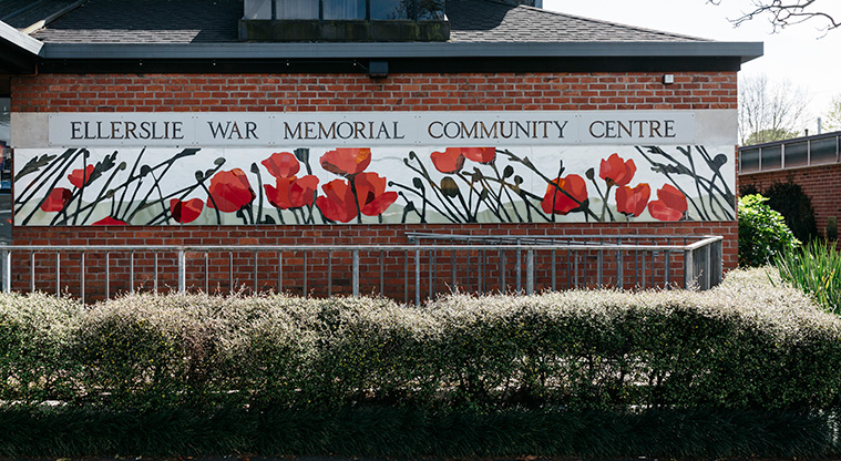 Ellerslie Town Centre Path - Poppy mural on Ellerslie War Memorial Community Centre.