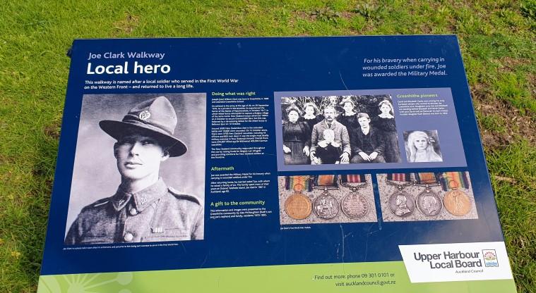 Greenhithe to Wharf Path - Information board about local war hero, Joe Clark.