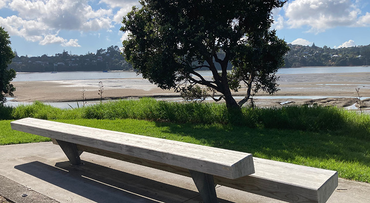 Hobsonville Point Path – Generous bench overlooking the water.